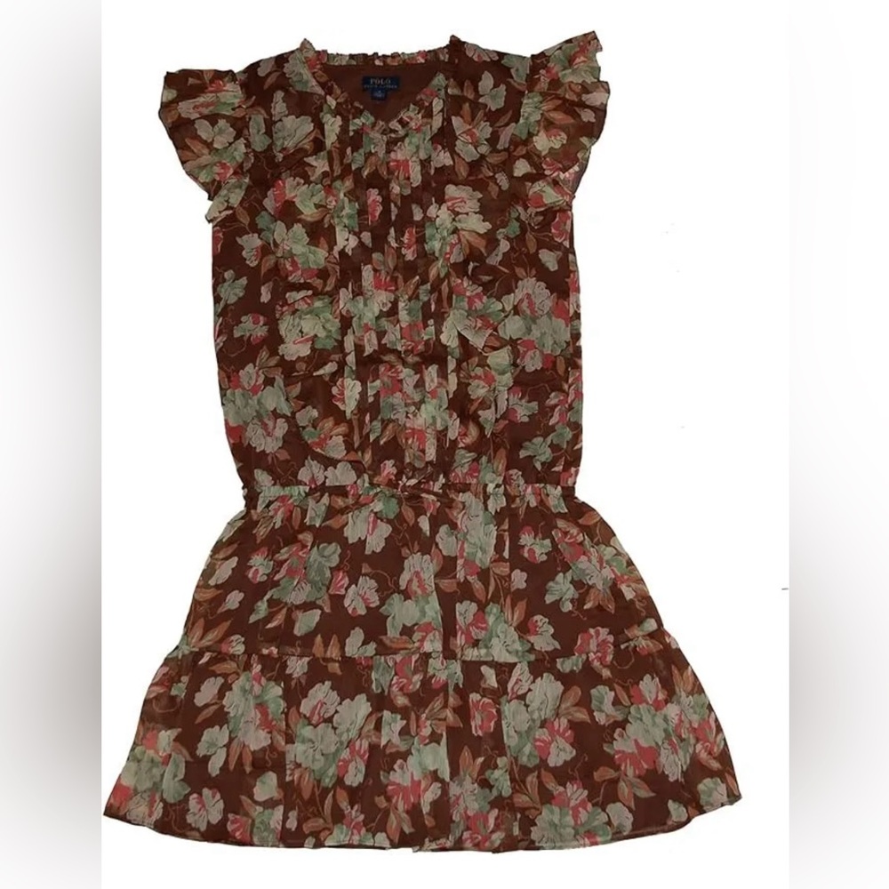 Ralph Lauren Big Girls Crinkle Chiffon Floral Dress Brown